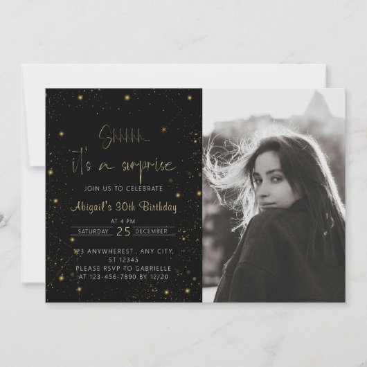 Galaxy Script Foto Black and Gold Birthday Party Einladung (Vorderseite)