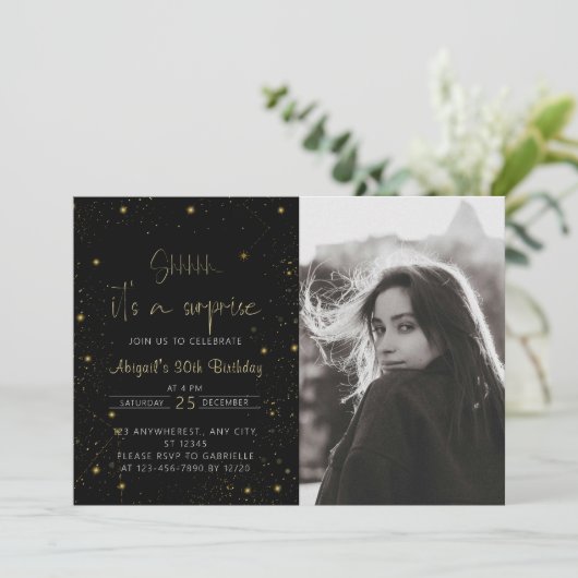 Galaxy Script Foto Black and Gold Birthday Party Einladung (Stehend Vorderseite)