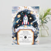 Galaxy Simple Rocket Geburtstag Einladung (Stehend Vorderseite)