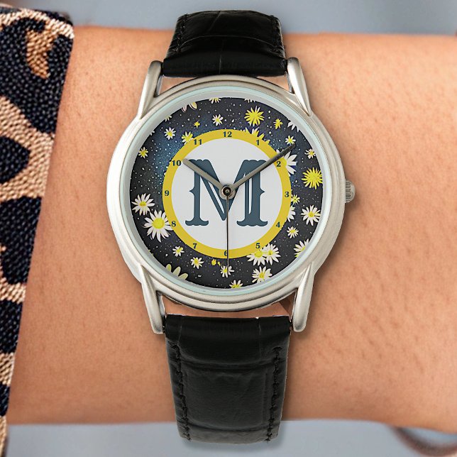 Galaxy Sky Daisy Blume Monogram Letter Dark Blue Armbanduhr (Von Creator hochgeladen)