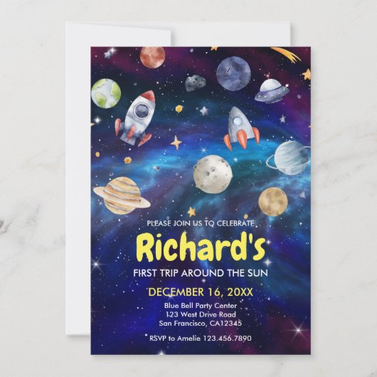 Galaxy Space Erste Reise um die Sonne zum Geburtst Einladung (Vorderseite)