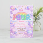 Galaxy Space Rainbow 4th Birthday Party Einladung (Stehend Vorderseite)