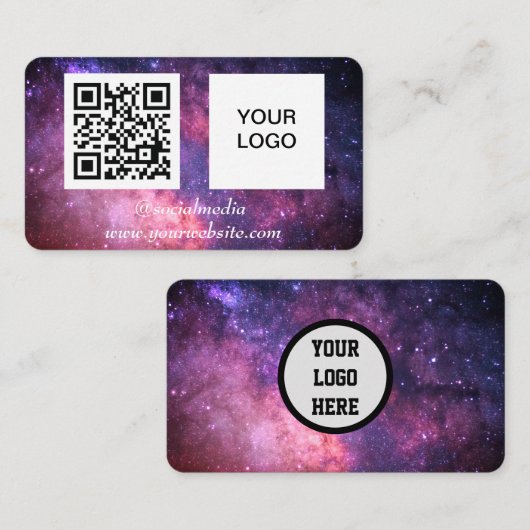 Galaxy Space Social Media QR Code Lila modern Visitenkarte (Vorne/Hinten)