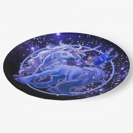 Galaxy Sparkle Bue Unicorn Pappteller (Schrägansicht)