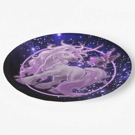 Galaxy Sparkle Rosa Unicorn Pappteller (Schrägansicht)