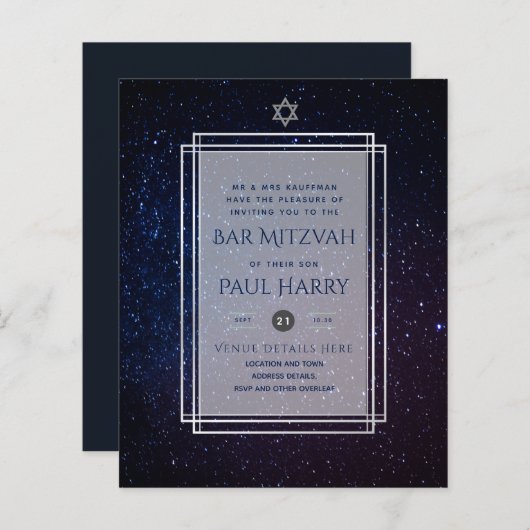 Galaxy Starry Night BAR MITZVAH Einladungen Marine (Vorne/Hinten)
