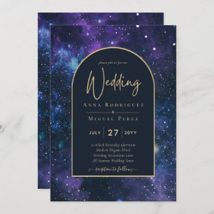 Galaxy Starry Night Lila Blue Gold Wedding Einladung