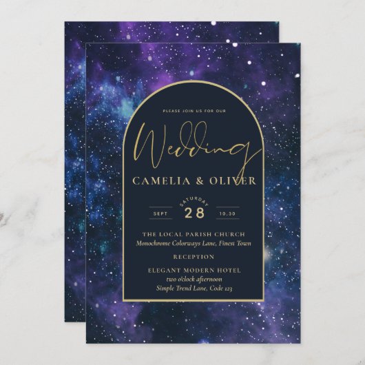 Galaxy Starry Night Lila Blue Gold Wedding Einladung (Vorne/Hinten)
