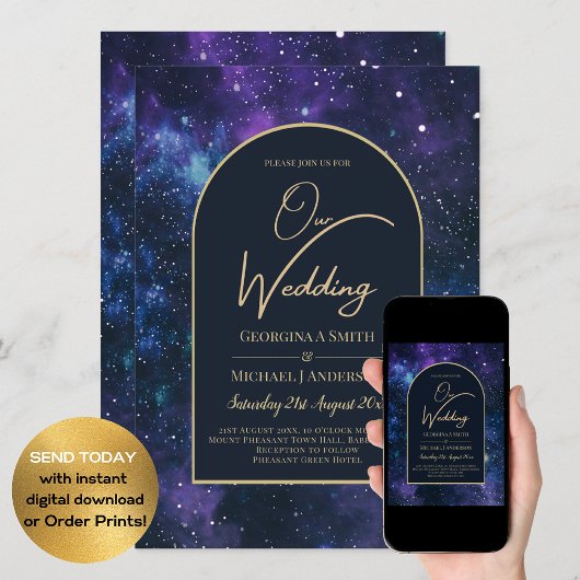 Galaxy Starry Night Lila Blue Gold Wedding Einladung