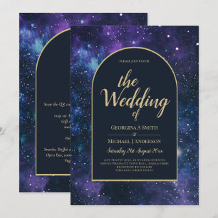 Galaxy Starry Night Lila Blue Gold Wedding Einladung
