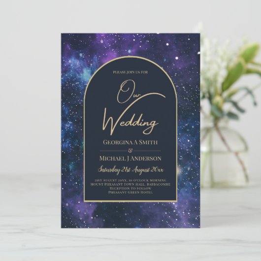 Galaxy Starry Night Lila Blue Gold Wedding Einladung (Stehend Vorderseite)