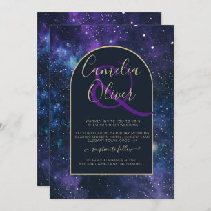 Galaxy Starry Night Lila Blue Gold Wedding Einladung