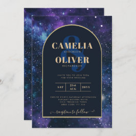 Galaxy Starry Night Lila Blue Gold Wedding Einladung