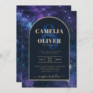 Galaxy Starry Night Lila Blue Gold Wedding Einladung