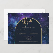 Galaxy Starry Night Lila Blue Gold Wedding RSVP