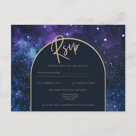 Galaxy Starry Night Lila Blue Gold Wedding RSVP Postkarte (Vorderseite)