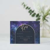 Galaxy Starry Night Lila Blue Gold Wedding RSVP Postkarte (Stehend Vorderseite)