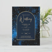Galaxy Starry Night Navy Blue Gold Hochzeit Einladung (Stehend Vorderseite)