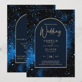 Galaxy Starry Night Navy Blue Gold Hochzeit Einladung