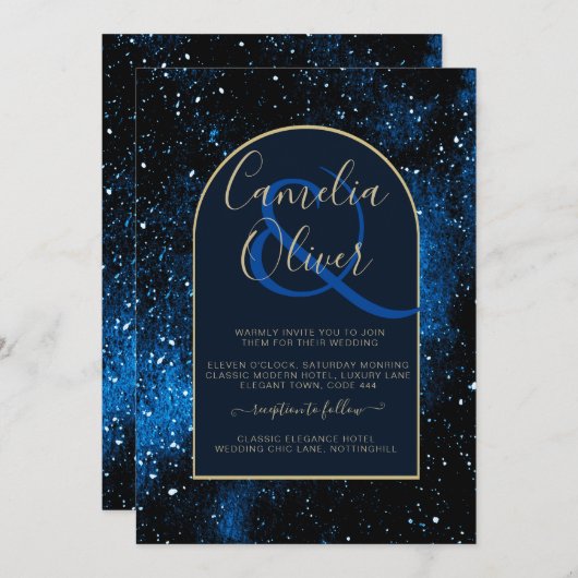 Galaxy Starry Night Navy Blue Gold Hochzeit Einladung (Vorne/Hinten)