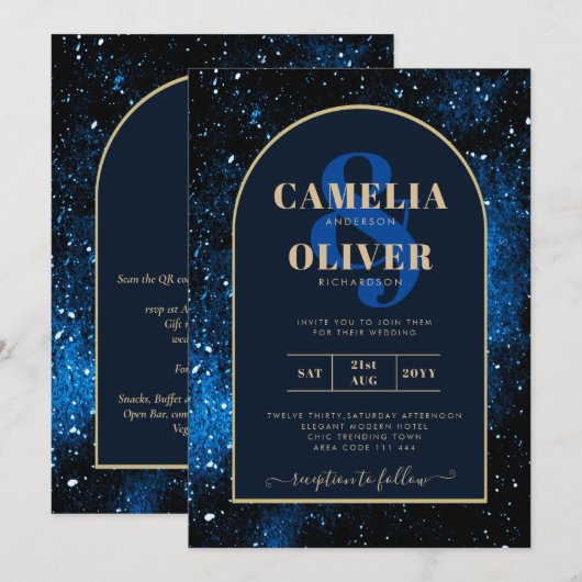 Galaxy Starry Night Navy Blue Gold Hochzeit Einladung (Vorne/Hinten)