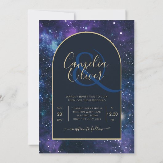 Galaxy Starry Night Navy Blue Gold Hochzeit Einladung (Vorderseite)