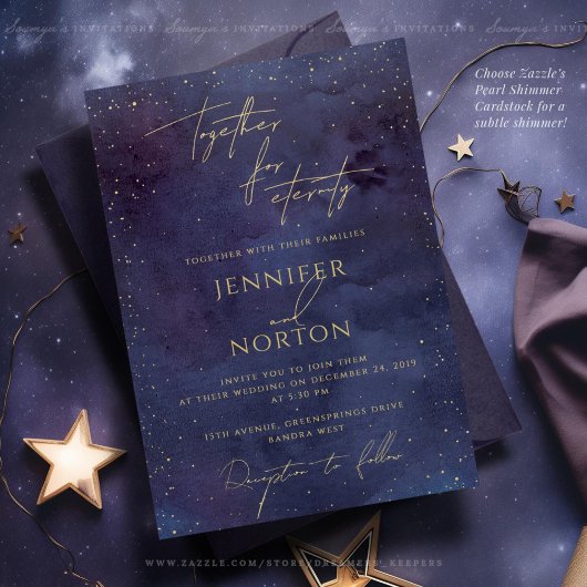 Galaxy Starry Night Sky Blue Lila Gold Wedding Einladung