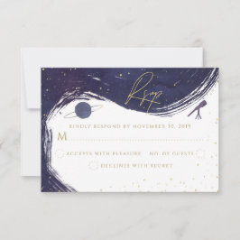 Galaxy Starry Night Sky Blue Lila Gold Wedding RSVP Karte