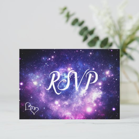 Galaxy Starry Night Wedding RSVP Karten mit Essen (Stehend Vorderseite)