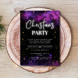 Galaxy Starry Space Neon Black Christmas Party Einladung