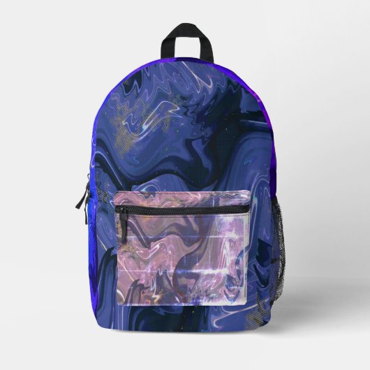 Galaxy Swirl Blauer Glitzer Abstraktes kosmisches Bedruckter Rucksack (Vorderseite)