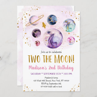 Galaxy Two der Mond Rosa Gold Weltraum Geburtstag Einladung