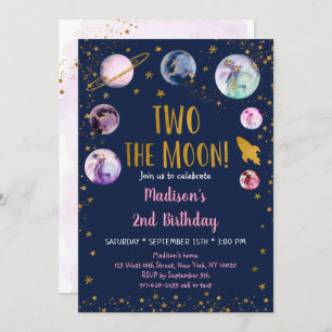Galaxy Two Moon Pink Gold Weltraum Geburtstag Einladung
