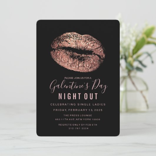 Galentine Day Party Rose Gold Lips Einladung (Stehend Vorderseite)