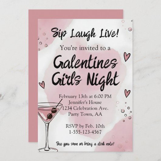 Galentine Girls Night Out Martini Pink and Black Einladung (Vorne/Hinten)