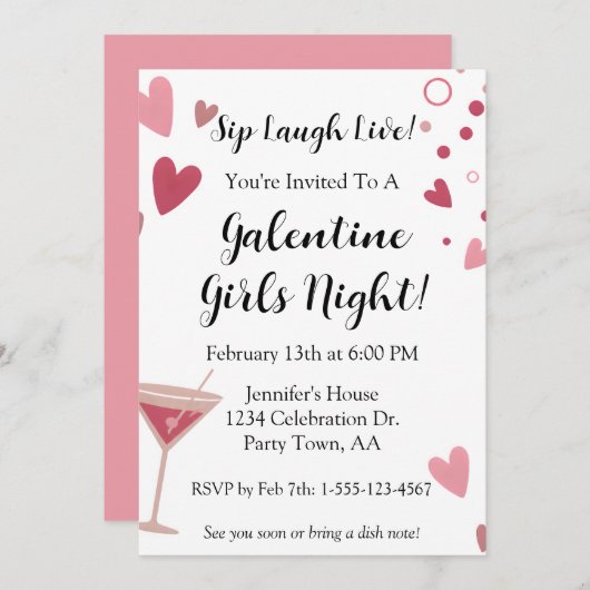 Galentine Girls Night Out Martini Pink Einladung (Vorne/Hinten)
