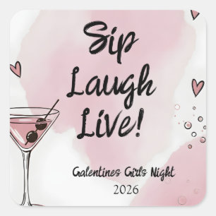 Galentine Girls Night Out Martini Rosa und Schwarz Quadratischer Aufkleber