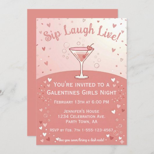 Galentine Girls Night Out Sip Laugh Live in Pink Einladung (Vorne/Hinten)