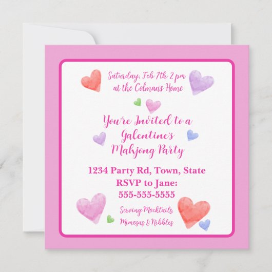 Galentine Mahjong Party Watercolor Hearts Sq (Vorderseite)