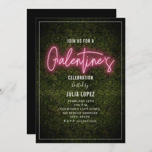 Galentine Neon Script Boxwood Valentine Party Einladung (Vorne/Hinten)
