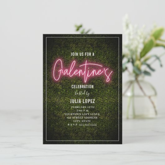 Galentine Neon Script Boxwood Valentine Party Save The Date (Stehend Vorderseite)