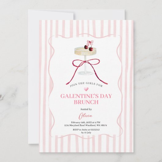 Galentine’s Day Brunch Invitation | Pink Stripe Einladung (Vorderseite)