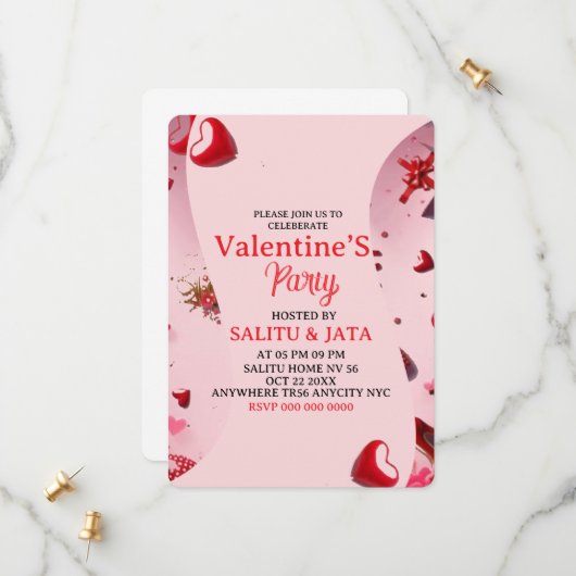 Galentine’s Party Invitation, Pink Heart & Bow Bir Save The Date (Vorderseite/Rückseite Beispiel)