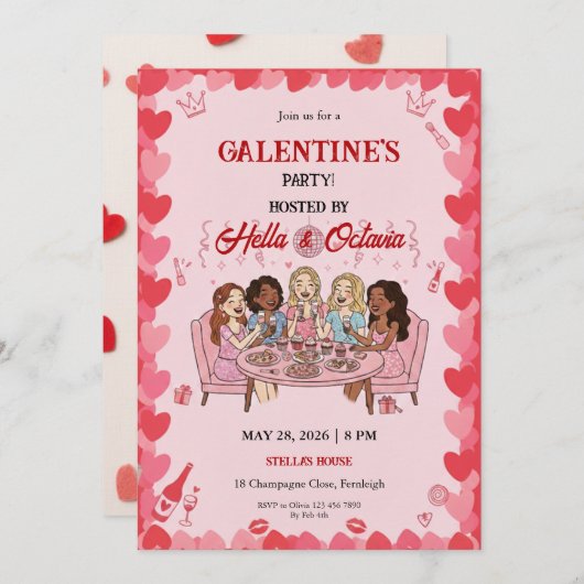 Galentine’s Party Invitation Printable, Pink & Red Einladung (Vorne/Hinten)