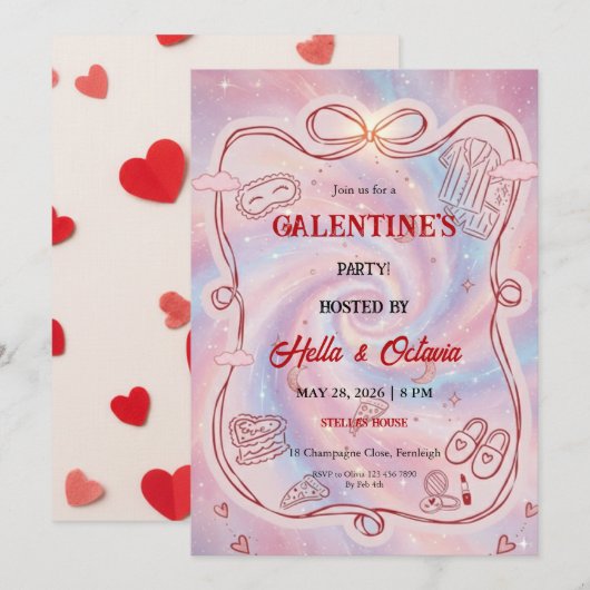 Galentine’s Party Invitation Printable, Pink & Red Einladung (Vorne/Hinten)
