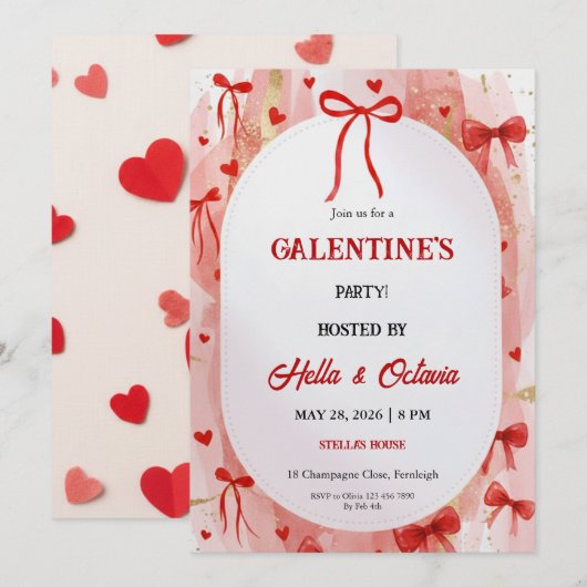 Galentine’s Party Invitation Printable, Pink & Red Einladung (Vorne/Hinten)