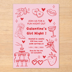 Galentine’s Party, Nacht Valentinstag Handgezeichn Acryleinladungen