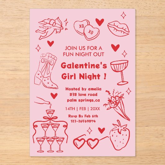 Galentine’s Party, Night Valentine Hand Drawn  Acryleinladungen (Vorderseite)