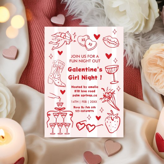 Galentine’s Party, Night Valentine Hand Drawn Einladung