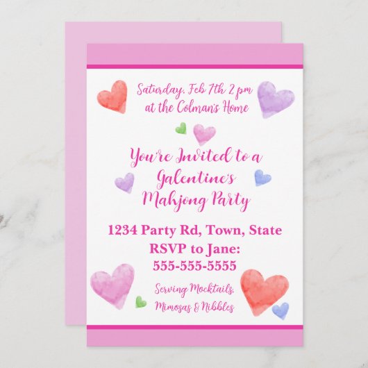 Galentiner Mahjong Party Wasserfarbenherzen Einladung (Vorne/Hinten)